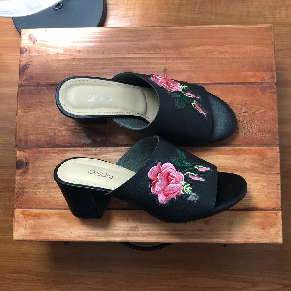 Black Mules with Rose Appliqué